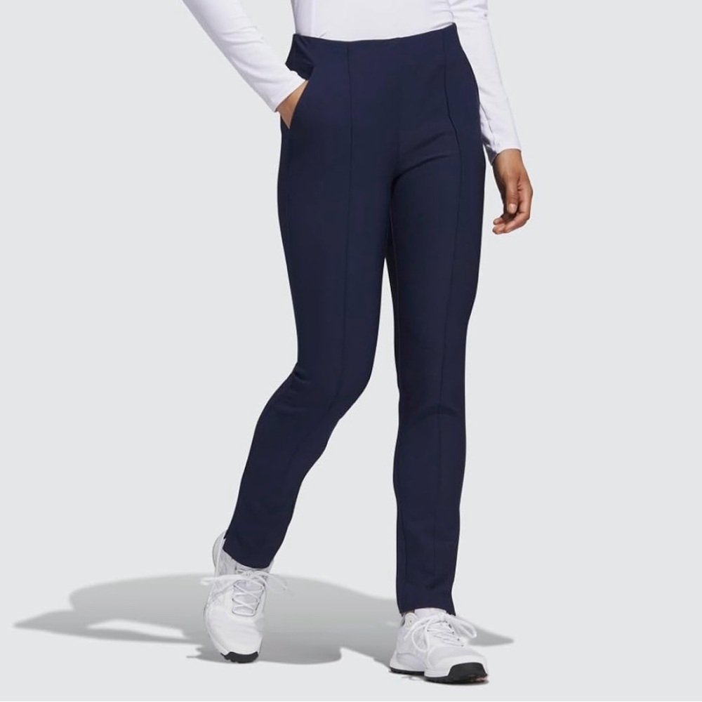 Navy Blue Adidas Women’s Pintuck pants w/pleats and elastic waistband. Size S